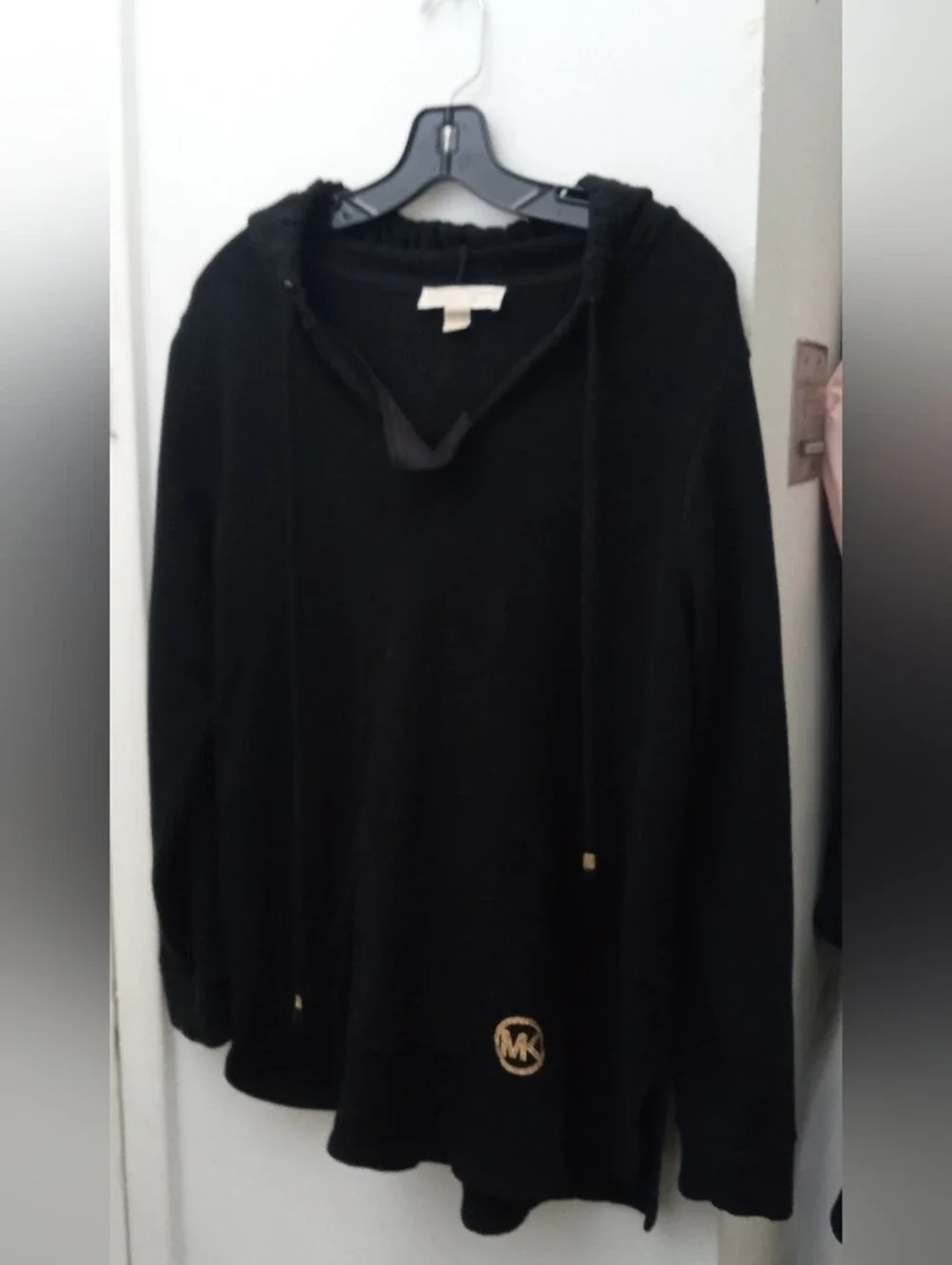 Michael Kors Black V-Neck Hooded Sweater with Gold Logo